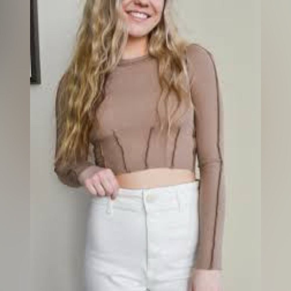 Stylish Tan Long Sleeve Crop Top by Mimosa size Small